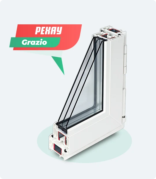 Пластиковое окно из профиля REHAU Grazio с плавными скосами и закругленными углами в светлом интерьере